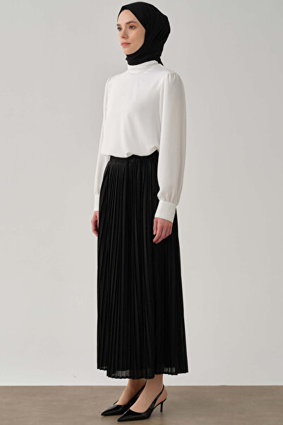 Tuğba Beli Lastikli Plise Etek - Siyah