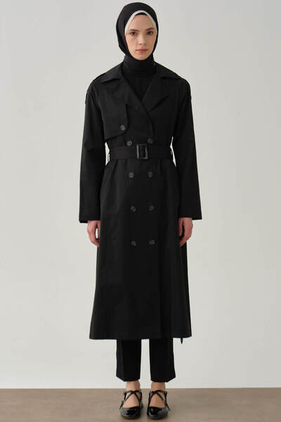 Tuğba Kemerli Apoletli Trençkot - Siyah