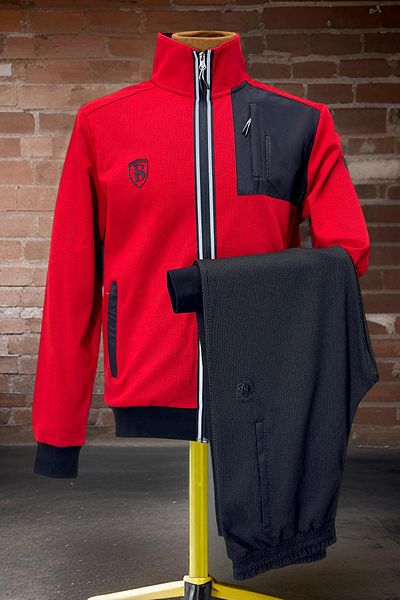 BESSA Men's Red Tracksuit Set with Zipper Pocket, Straight Leg Honeycomb Fabric