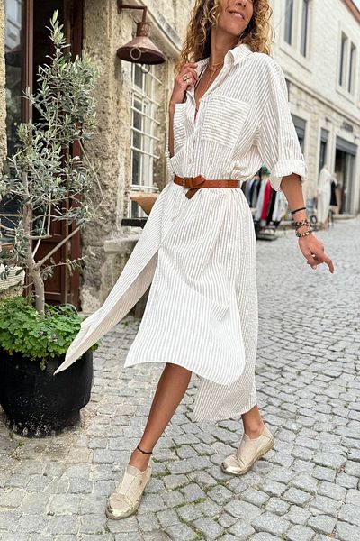 Güneşkızı Italian Beige Long Sleeve Striped Slit Long Loose Woven Shirt Dress 125 62