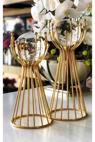 Yaren Style Premium 2'li Metal Ayaklı Cam Küre Ev Aksesuar Ve Dekorasyon Seti...