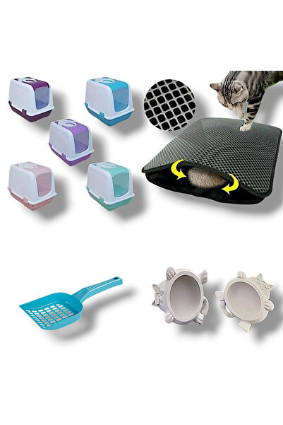 yeni Kedi Tuvaleti Seti ve Tomnik Kedi Mama Kabı 2li Toplam 5 Parça (Karışık Renkler)