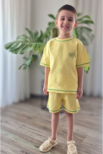 BALKABAĞI Green Palm Bed Yellow Unisex T-Shirt and Shorts Set Summer Comfortable 100% Cotton Mtye0069