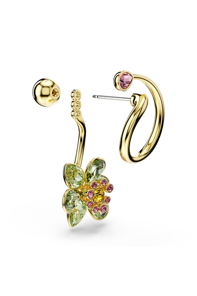 Swarovski Idyllia Damla Küpeler, Asimetrik Tasarım, Karışık Kesimler, Çiçek, Çok Renkli, Altın Rengi Kaplama