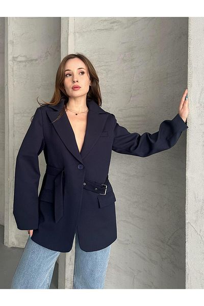 FERZOLAİO Navy Blue Blazer Jacket with Belt Detail