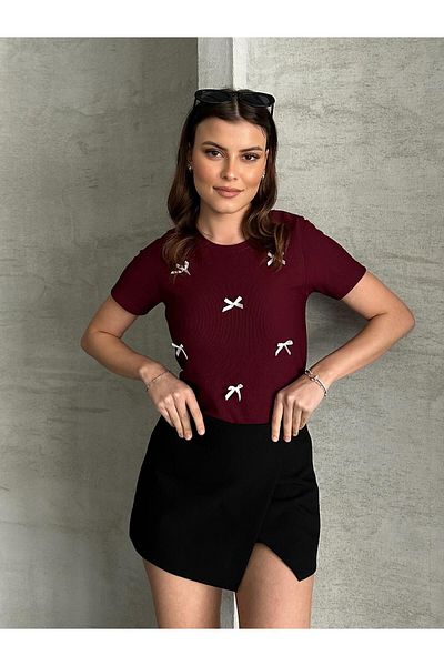 FERZOLAİO Burgundy Oversize T-Shirt with White Bow