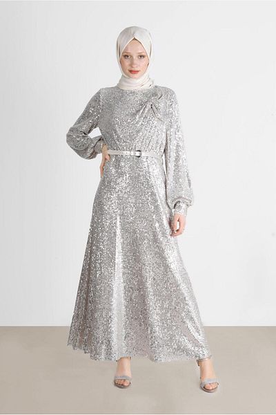 Alvina Sequined Bow Detailed Evening Dress 50232