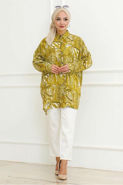 TRENDTESETTÜR Women's Green (Oil Green) Cotton Patterned Shirt Tunic t 6218