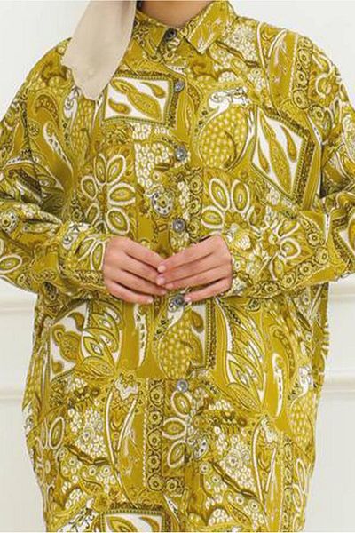TRENDTESETTÜR Women's Green (Oil Green) Cotton Patterned Shirt Tunic t 6218