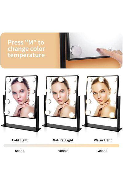 COOYA Tabletop Makeup Mirror with 9 LED Lights,3 Colors Dimmable Touch Control,10X Magnification,34x6x36cm