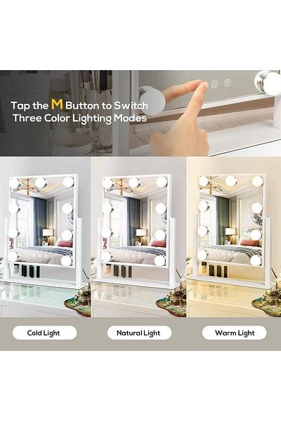 COOYA Tabletop Makeup Mirror with 9 LED Lights,360°Rotation,3 Colors Dimmable Touch Control,34x6x36 cm