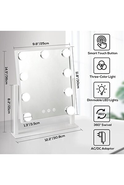Arabest Tabletop Makeup Mirror with 9 LED Lights,360°Rotation,3 Colors Dimmable Touch Control,34x6x36 cm
