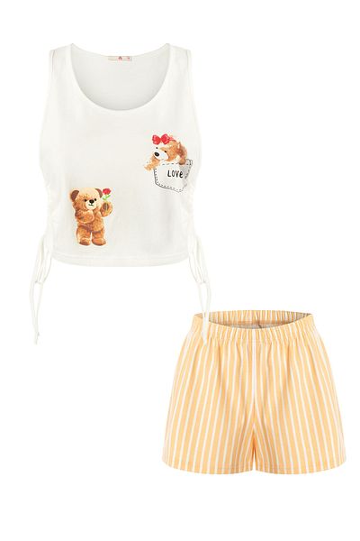 koza iç giyim Women's Cotton Side Tie Gathered Shorts Pajama Set