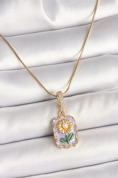 Skygo 316L Steel Gold Color Zircon Stone Purple Daisy Embroidered Portrait Model Women's Necklace - Tj-Bko9915