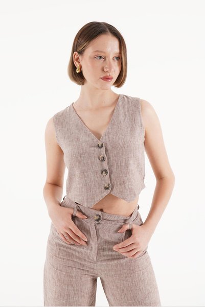 Hipo Trend Linen Vest Pants Brown Double Set