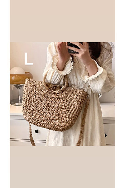 samilon Hasır Dokuma Büzgülü Kapatma Detaylı Astarlı Vintage Büyük Boy