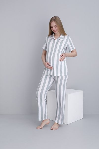 Miss Dünya Lissa Front Buttoned Striped Short Sleeve Adjustable Waist Elastic Maternity and Postpartum Pajama Set