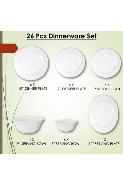 Melrich 26 Pcs Opalware Dinner Set Dishwasher safe, Microwave safe, Freezer safe