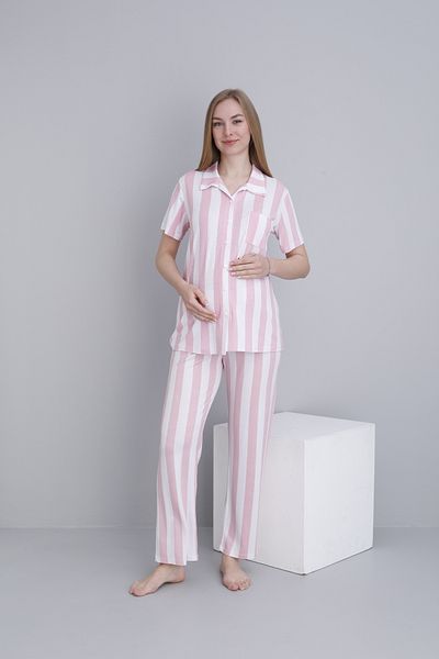 Miss Dünya Lissa Front Buttoned Striped Short Sleeve Adjustable Waist Elastic Maternity and Postpartum Pajama Set