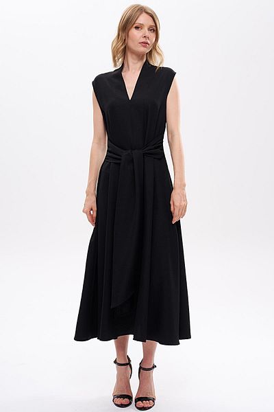 Journey V-Neck-Front Belt Tie-Up, Long Dress