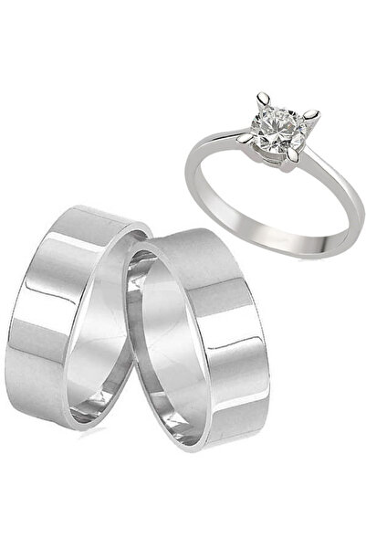 Takı Dükkanı Parlak Düz Sade Gümüş Alyans Çifti Söz Nişan Yüzüğü ve Tektaş Yü...