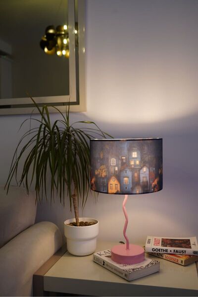 retro home design Pembe Zikzak Ayaklı Özel Baskı Kumaş Masa Lambası Dekoratif...