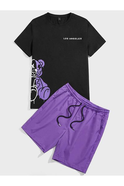 PENTHİLUS Tricou cu mânecă scurtă și pantaloni scurți tricotați cu șireturi pentru bărbați, cu imprimeu cu urs de desene animate, pentru vară