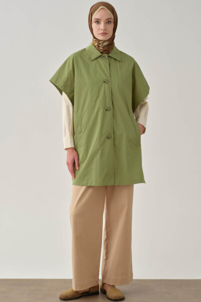 Tuğba Polo Yaka Düğmeli Panço - Olive