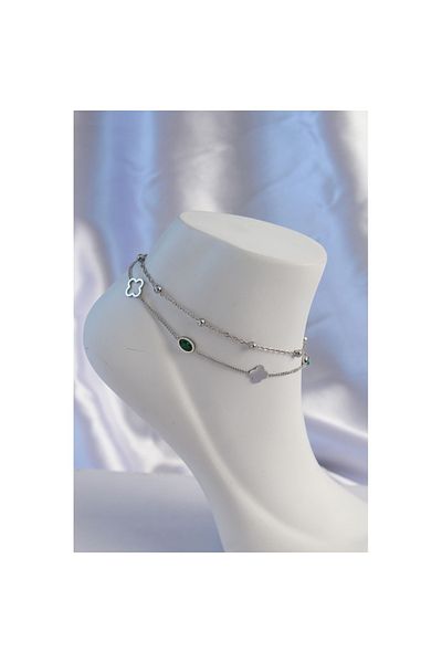 Skygo Emerald Green Stone Detailed 2-Piece Silver Colored Clover Model Anklet - TJ-HH1637