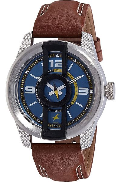 Generic Fastrack Men Blue Dial Leather Band Watch 3152Kl01 Brown Strap