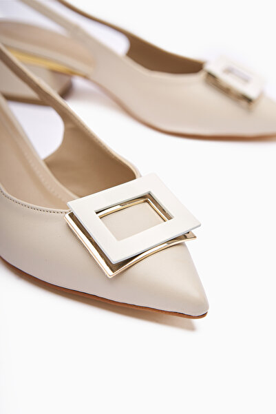 Limoya Tiana Beige Accessory Low Heeled Shoes, Pointed Toe Heeled Ballerinas Open Back
