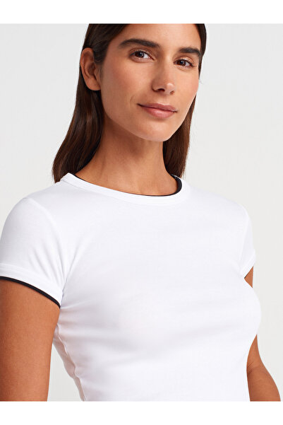 Dilvin 31750 Μπλουζάκι με κοντό μανίκι αντίθεσης-Λευκό