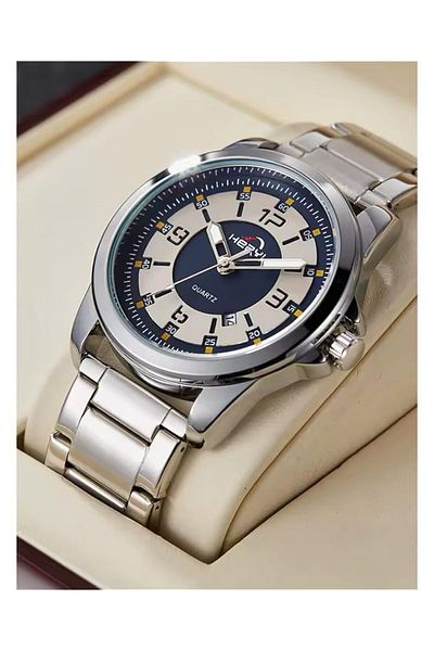 erorex Heryi Men Quartz Watch Stainless Steel Band Blue And Silver Dial Analogue Display