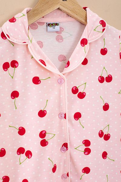 Cansın Mini Girls' Pajama Set - Cherry Print, Short Sleeves and Eye Patch 20565