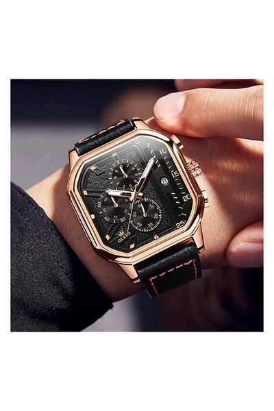 Generic Square Watches For Men Black Leather Strap Analog Quartz Dress Watch Fashion Business Watch Luminous