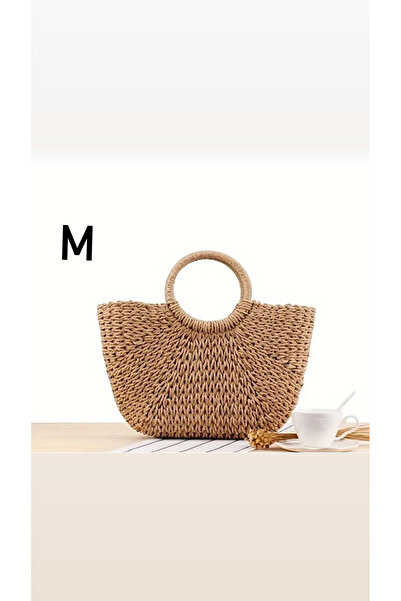 samilon Hasır Dokuma Büzgülü Kapatma Detaylı Astarlı Vintage Orta Boy