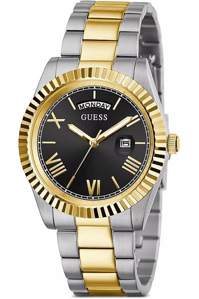 Generic Guess Men 42Mm Watch Two Tone Strap Black Dial Silver Case