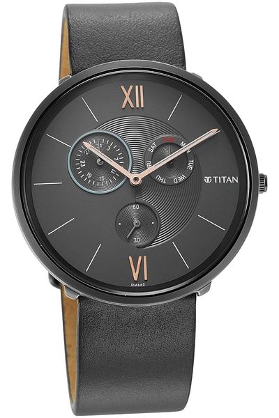 Generic Titan Men Leather Analog Gray Dial Watch 1877Ql01 Nr1877Ql01 Band Color Black