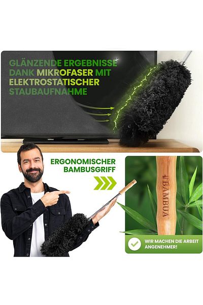 Bambua Pamatuf cu maner extensibil Bambua, microfibra/metal/bambus, negru/natur, 140 cm
