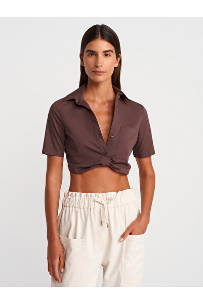 Dilvin 50503 Πουκάμισο Crop με λεπτομέρεια τσέπης-Καφέ