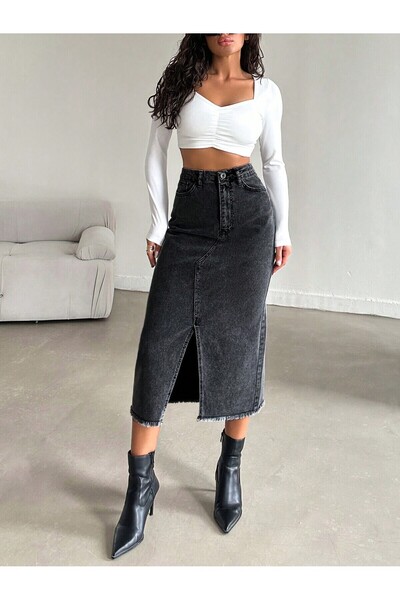 Dema Kadın Denim Pamuklu Yırtmaçlı Uzun Siyah Etek