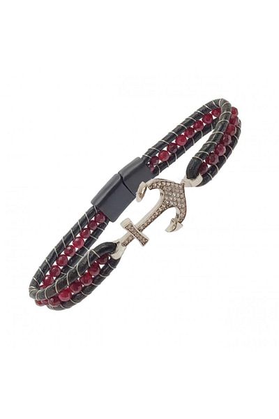 OSMANLI GÜMÜŞ Facet Red Agate Natural Stone and White Zircon Anchor Leather Bracelet