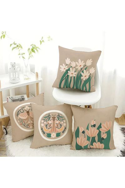 Evmila Set de 4 huse de pernă din catifea cu tematică de primăvară, 43x43 cm, imprimare pe două fețe