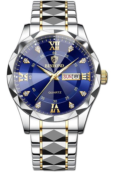 Generic Men Business Watch 30M Waterproof Luminous Quartz Blue Dial Two Tone Steel Band Day Date Display