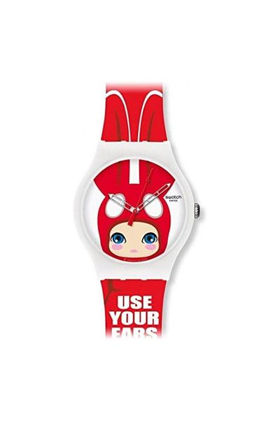 Generic Swatch Use Your Ears Red Graphic Dial Plastic Silicone Quartz Mens Watch Suoz114