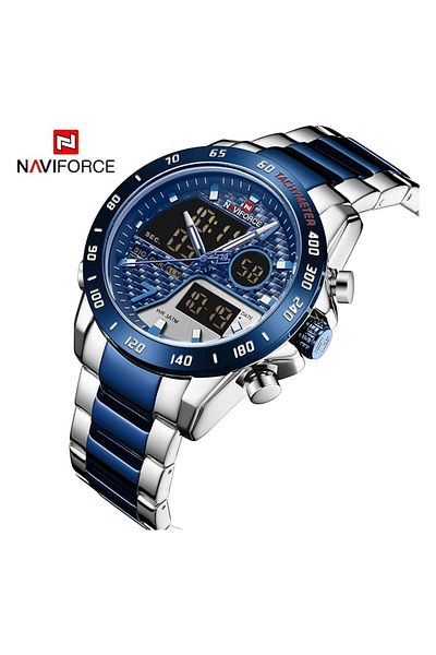 Generic Naviforce Dual Color Analog Digital Stainless Steel Strap Watch For Men 9171 Silver Blue