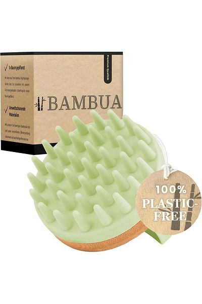 Bambua Perie pentru masajul scalpului Bambua, silicon/bambus, verde deschis/natur, 8,5 x 7,8 x 8 cm