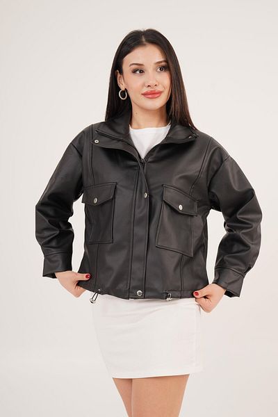 Hipo Trend Black Leather Jacket with Double Pockets and Rubber Detail