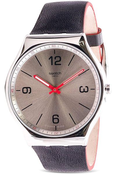 Generic Swatch Ss07S104 Leather Contrast Hands Round Analog Unisex Watch Black Strap