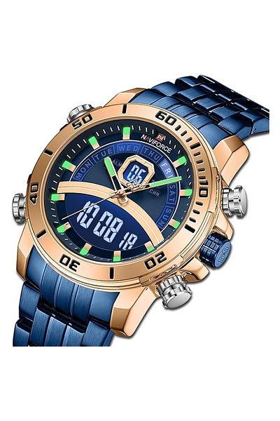 Generic Naviforce Analog Digital Stainless Steel Strap Watch For Men And Boys 9197L Blue Dial Digital